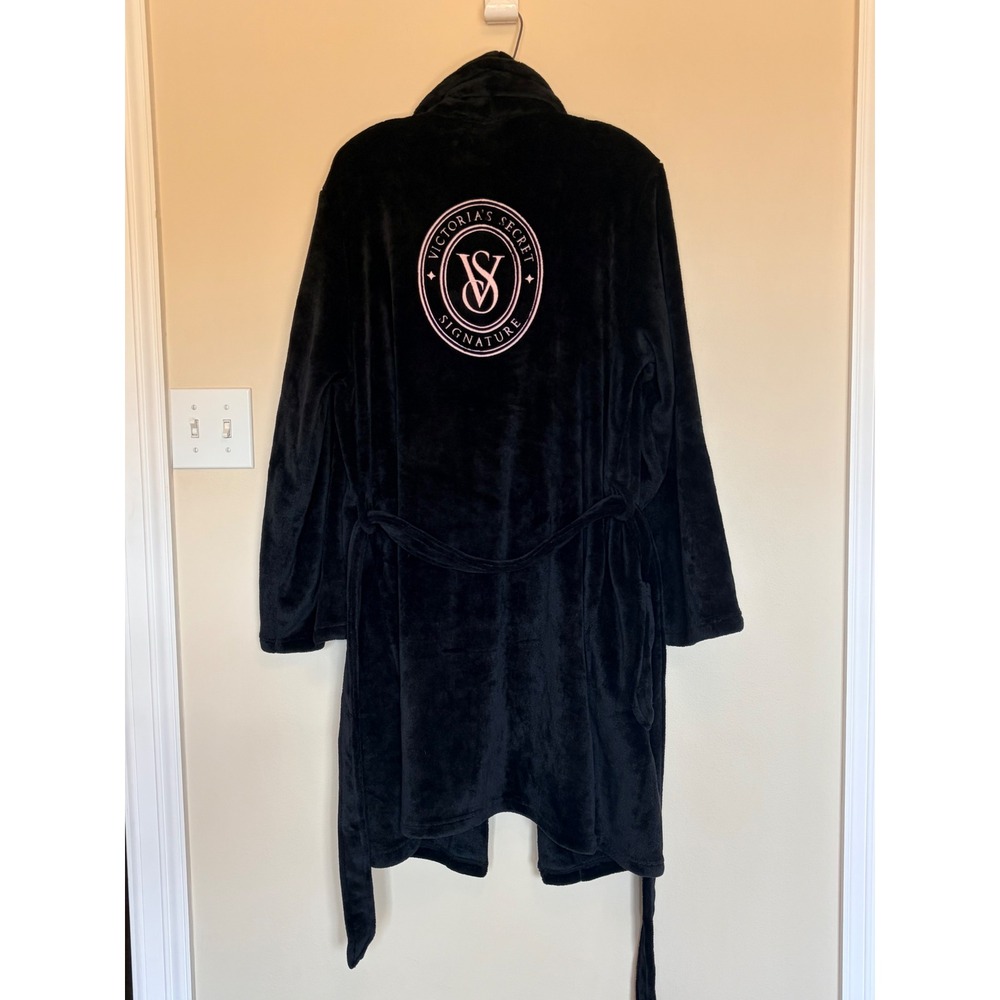 Victoria's Secret Signature Logo Black Plush Robe Tie Waist Womens Medium/Large